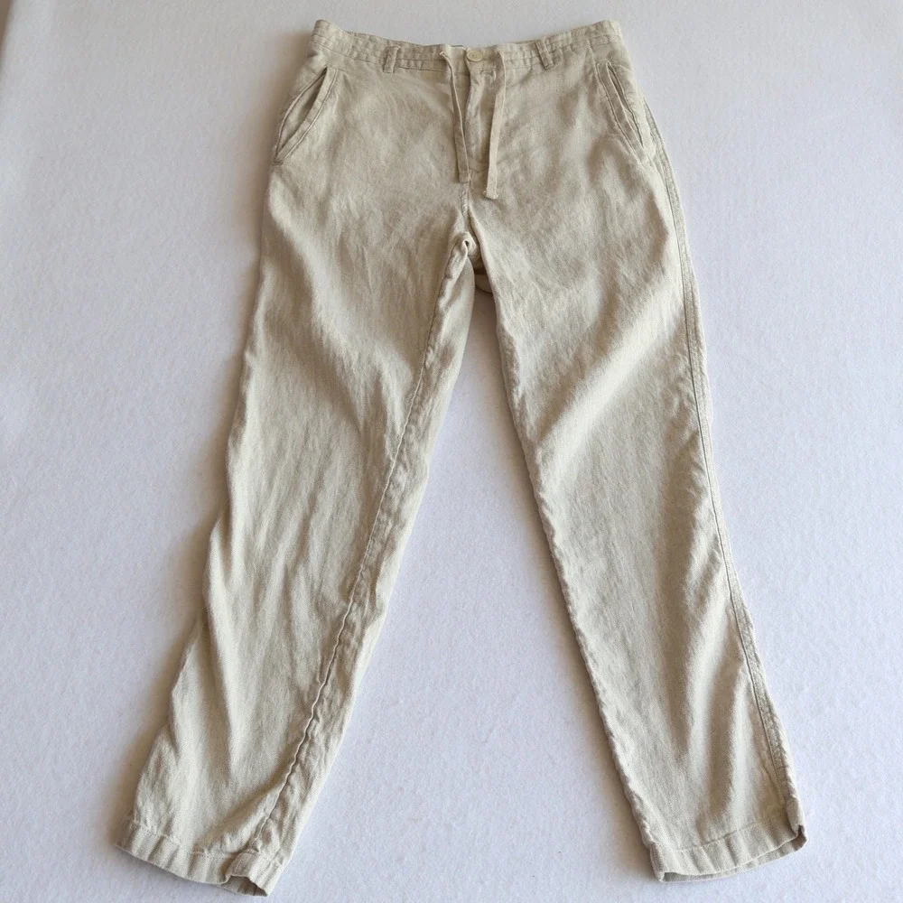 Porter & Ash Men's Linen Blend Pants Chino Beige Drawstring Button 30 Summer